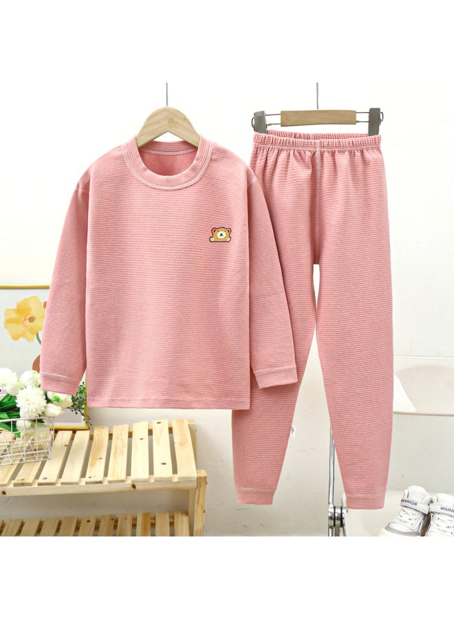 Children's Boneless German Velvet Mid-high Collar  Clothes And Long Trousers Set For Men And Women Stripesd Thickeneded Thermal Intimates Set
