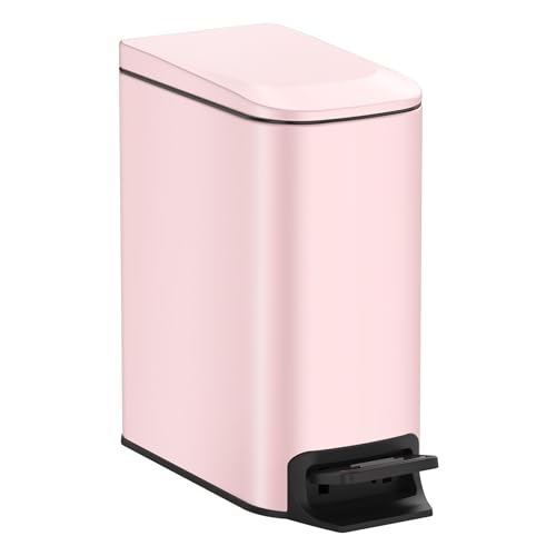 TIPGO Slim Bathroom Trash Can with Lid Soft Close, 6 Liter / 1.6 Gallon Stainless Steel Garbage with Removable Inner Bucket, Small Trash Bins for Bedroom, Office (Pink) - Image 1