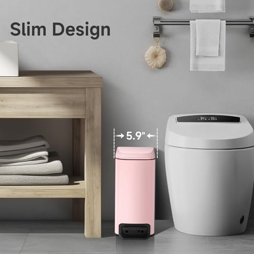 TIPGO Slim Bathroom Trash Can with Lid Soft Close, 6 Liter / 1.6 Gallon Stainless Steel Garbage with Removable Inner Bucket, Small Trash Bins for Bedroom, Office (Pink) - Image 2