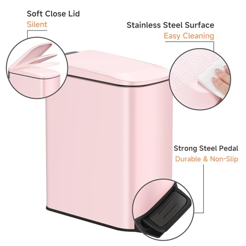 TIPGO Slim Bathroom Trash Can with Lid Soft Close, 6 Liter / 1.6 Gallon Stainless Steel Garbage with Removable Inner Bucket, Small Trash Bins for Bedroom, Office (Pink) - Image 3