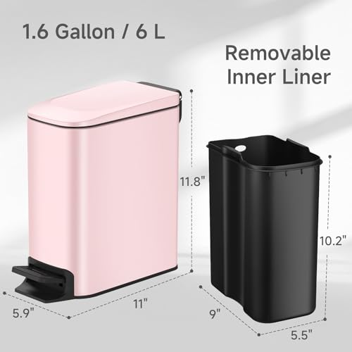 TIPGO Slim Bathroom Trash Can with Lid Soft Close, 6 Liter / 1.6 Gallon Stainless Steel Garbage with Removable Inner Bucket, Small Trash Bins for Bedroom, Office (Pink) - Image 5