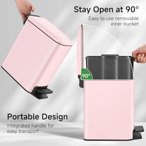 TIPGO Slim Bathroom Trash Can with Lid Soft Close, 6 Liter / 1.6 Gallon Stainless Steel Garbage with Removable Inner Bucket, Small Trash Bins for Bedroom, Office (Pink) - Image 4