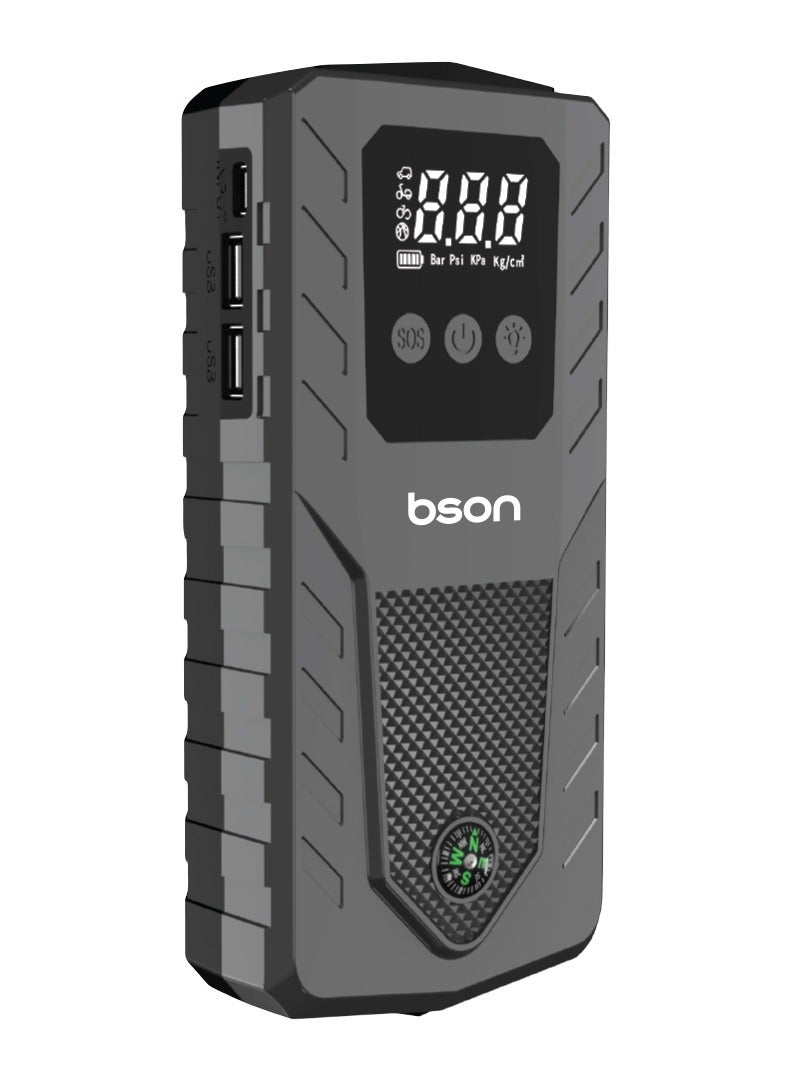 BSON Survival 4-in-1 Premium Jump Starter - 12000mAh Power Bank, Digital Display, LED SOS Light, Glass Hammer, Compass, USB & Type-C Charging - Ultimate Emergency Tool for Vehicles  - Image 1
