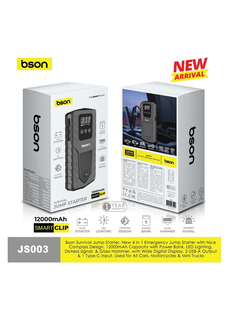 BSON Survival 4-in-1 Premium Jump Starter - 12000mAh Power Bank, Digital Display, LED SOS Light, Glass Hammer, Compass, USB & Type-C Charging - Ultimate Emergency Tool for Vehicles  - Image 4