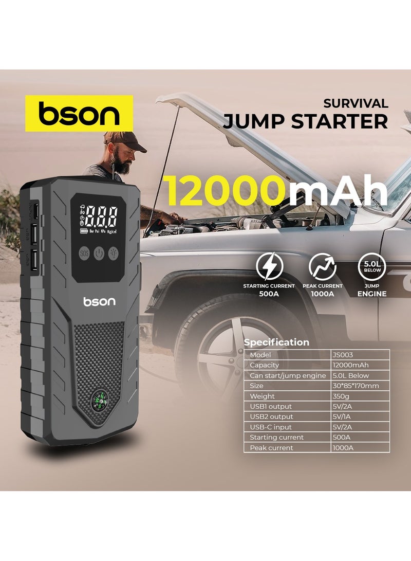 BSON Survival 4-in-1 Premium Jump Starter - 12000mAh Power Bank, Digital Display, LED SOS Light, Glass Hammer, Compass, USB & Type-C Charging - Ultimate Emergency Tool for Vehicles  - Image 5