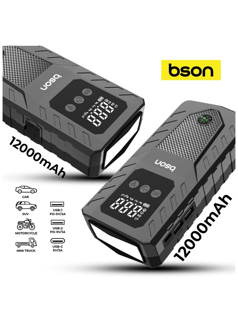 BSON Survival 4-in-1 Premium Jump Starter - 12000mAh Power Bank, Digital Display, LED SOS Light, Glass Hammer, Compass, USB & Type-C Charging - Ultimate Emergency Tool for Vehicles  - Image 2