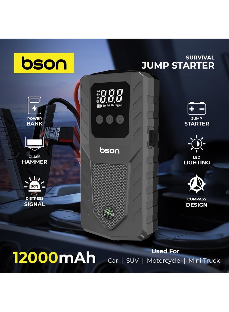 BSON Survival 4-in-1 Premium Jump Starter - 12000mAh Power Bank, Digital Display, LED SOS Light, Glass Hammer, Compass, USB & Type-C Charging - Ultimate Emergency Tool for Vehicles  - Image 3