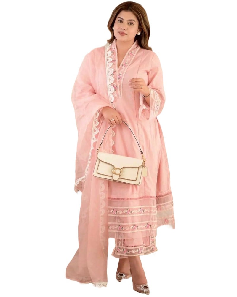 ANNI DESIGNER Women's Cotton Blend Embroidered Straight Kurta with Pant & Dupatta (Arora Pink_XXL_Pink_XX-Large) - Image 1