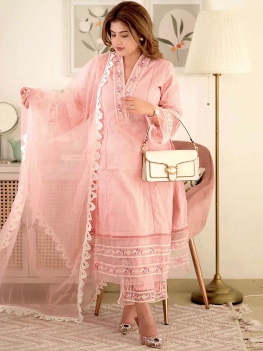 ANNI DESIGNER Women's Cotton Blend Embroidered Straight Kurta with Pant & Dupatta (Arora Pink_XXL_Pink_XX-Large) - Image 2