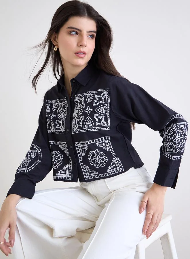 Styli Styli Women Black Embroidered Boxy Fit Cropped Shirt