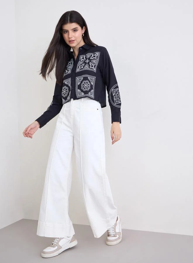 Styli Styli Women Black Embroidered Boxy Fit Cropped Shirt