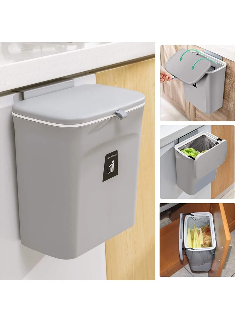 Rock Pow Kitchen Garbage Bin for Countertop or Under Sink Mountable Indoor Composter Hanging Small Trash Can with Lid for Cabinets Bathroom Bedroom Office Camping 2.4 Gallon (Grey)  - Image 1