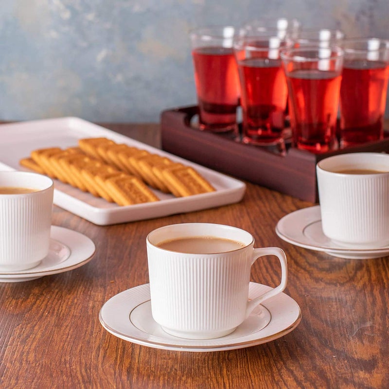 Femora Indian Ceramic Vertical Bar, White Tea Cup with Saucer Set of 12 Pcs | Tea/Coffee Cups 200 ml | Microwave & Dishwasher Safe | Bone-Ash Free | Crockery Set Ideal for Daily Use & Gifting, White - Image 1