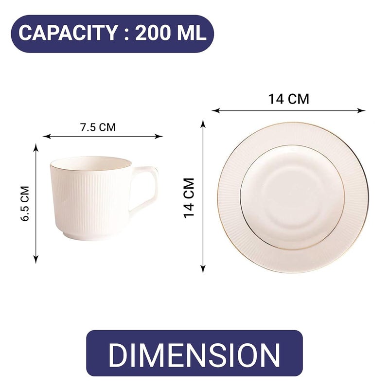 Femora Indian Ceramic Vertical Bar, White Tea Cup with Saucer Set of 12 Pcs | Tea/Coffee Cups 200 ml | Microwave & Dishwasher Safe | Bone-Ash Free | Crockery Set Ideal for Daily Use & Gifting, White - Image 3