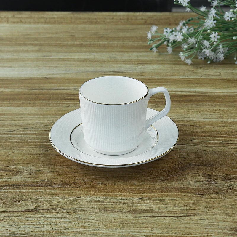 Femora Indian Ceramic Vertical Bar, White Tea Cup with Saucer Set of 12 Pcs | Tea/Coffee Cups 200 ml | Microwave & Dishwasher Safe | Bone-Ash Free | Crockery Set Ideal for Daily Use & Gifting, White - Image 4