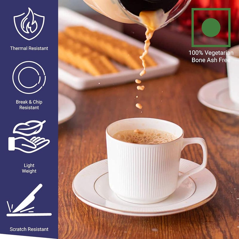 Femora Indian Ceramic Vertical Bar, White Tea Cup with Saucer Set of 12 Pcs | Tea/Coffee Cups 200 ml | Microwave & Dishwasher Safe | Bone-Ash Free | Crockery Set Ideal for Daily Use & Gifting, White - Image 5
