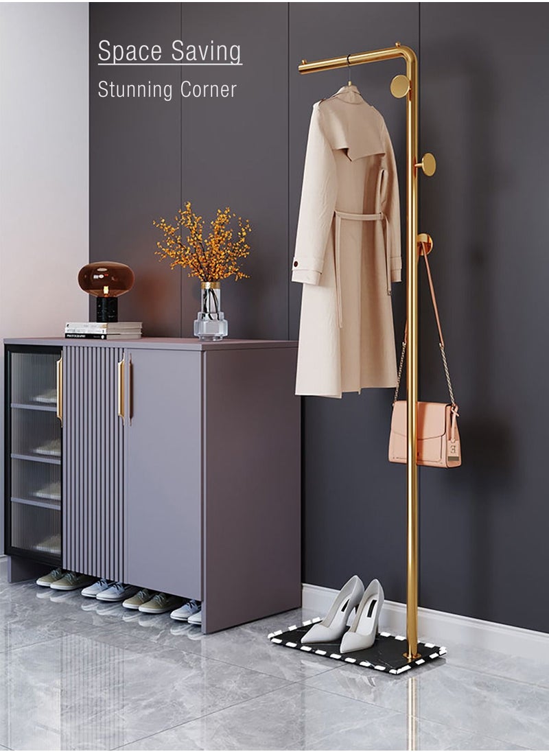 Merry Moments - Metal Coat Rack Clothes Rack Garment Rack Clothing Rack Hangers Freestanding Entryway Coats Hanger Stand with 3 Hooks Home Hotel Retail Gold Colour H150xL45xW25 cm - Image 1