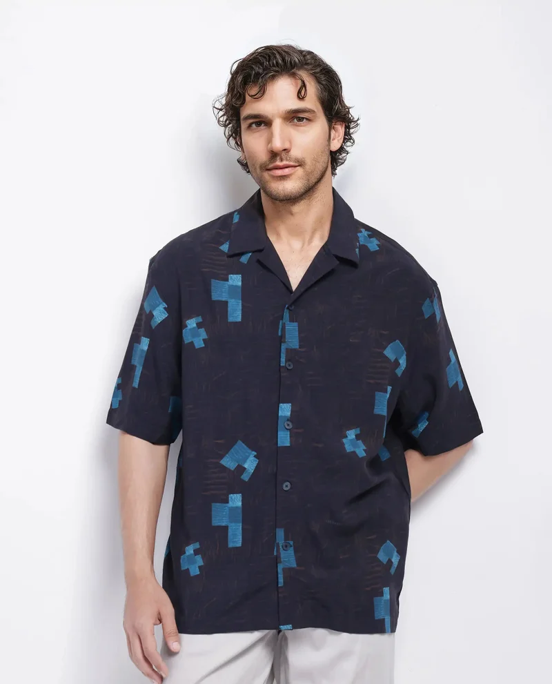 Rare Rabbit Rare Rabbit Men Riko Dark Brown Viscose Fabric Half Sleeve Cuban Collar Button Closure Oversized Fit Abstract Print Shirt