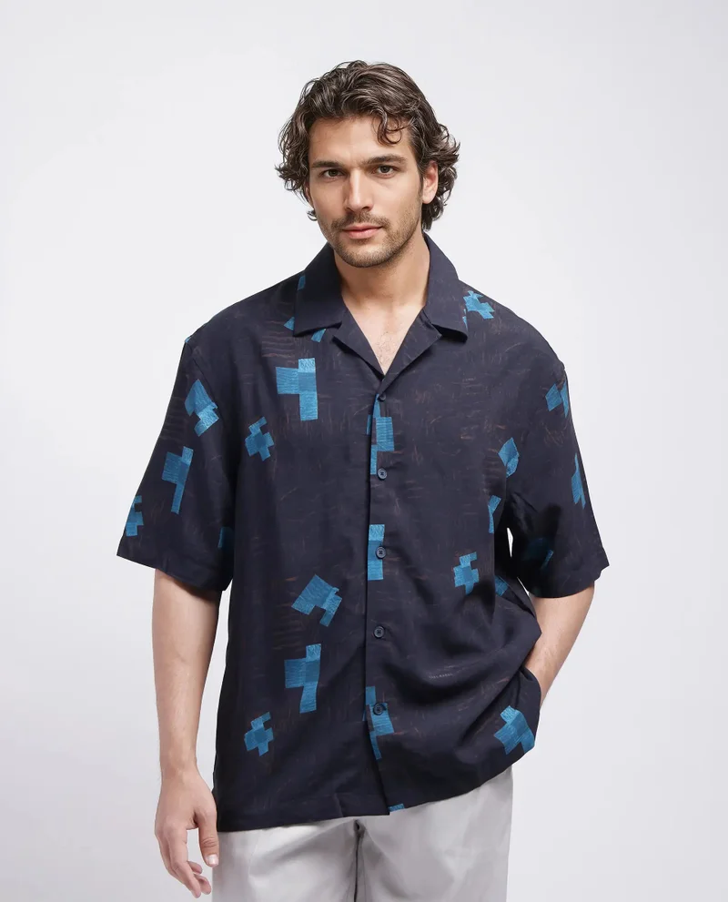 Rare Rabbit Rare Rabbit Men Riko Dark Brown Viscose Fabric Half Sleeve Cuban Collar Button Closure Oversized Fit Abstract Print Shirt