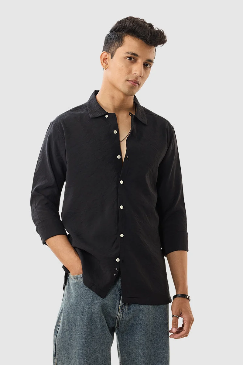 SNITCH Black Solid Long Sleeve Slim Fit Shirt