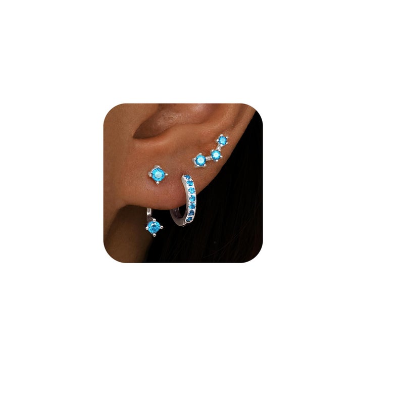 أقراط فضية زرقاء للنساء مجموعة أقراط حجر الميلاد الأزرق الفاتح لشهر مارس أقراط هوك هوجي جاكيت للأقراط المتعددة العصرية هدايا مجوهرات