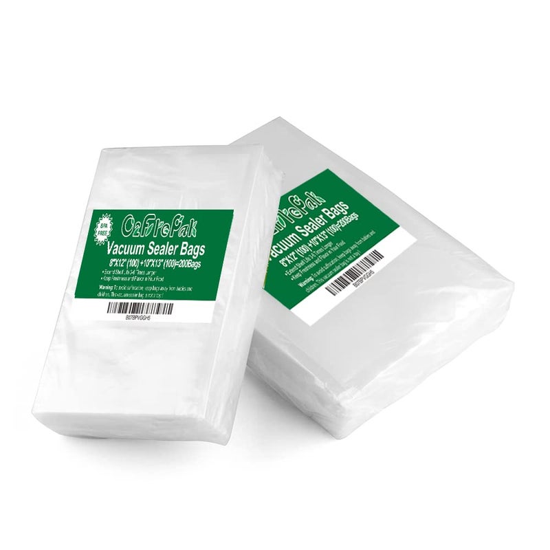أكياس فراغ O2frepak 200 عدداً 100 من كل حجم 8x12 كوارت و 10x13 خالية من BPA لحفظ الطعام بتقنية السوس فيد حزمة أكياس مسبقة القطع الثقيلة التجارية