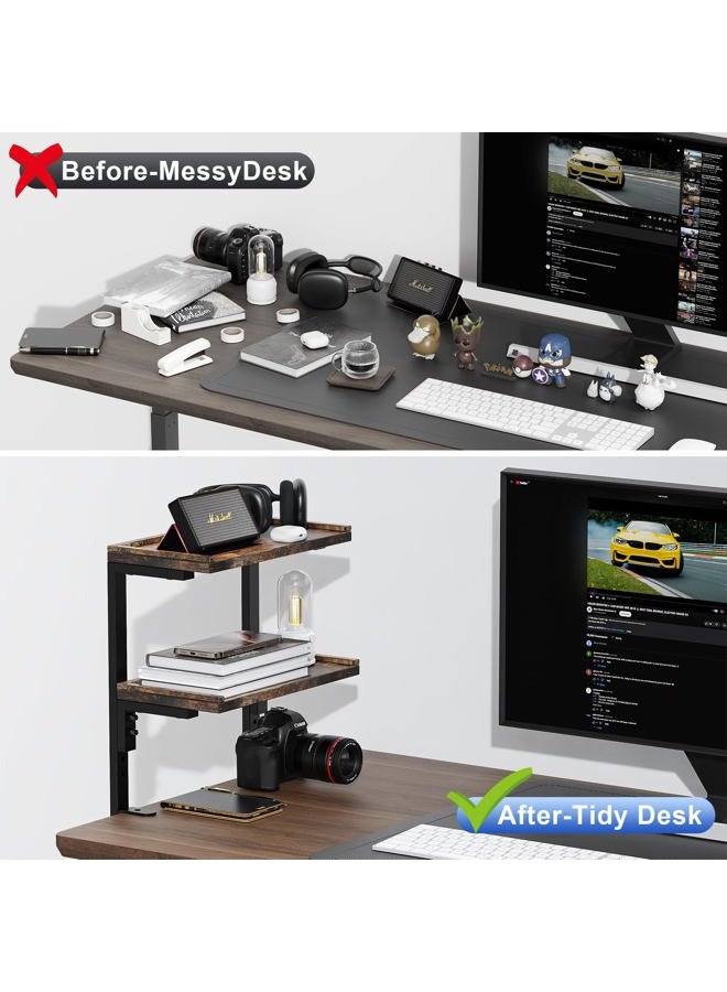 Spacrea clamp on Desk Shelf, 2 Tier Office Desk Shelves Organizer, Wood Desktop Supplies Storage Rack, Desk Organizers and Accessories (Wood) - Image 2