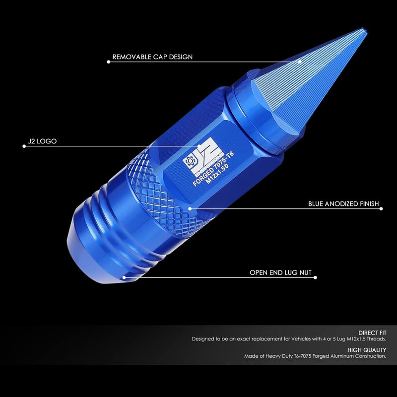 J2 Engineering 20Pcs M12x1.5 T6-7075 Aluminum Removable Spiky Cap Lug Nuts with Deep Drive Extension, Blue - Image 2