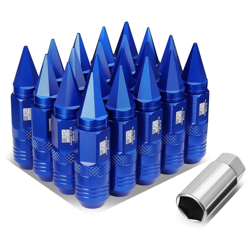 J2 Engineering 20Pcs M12x1.5 T6-7075 Aluminum Removable Spiky Cap Lug Nuts with Deep Drive Extension, Blue - Image 1