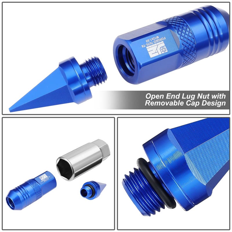 J2 Engineering 20Pcs M12x1.5 T6-7075 Aluminum Removable Spiky Cap Lug Nuts with Deep Drive Extension, Blue - Image 5