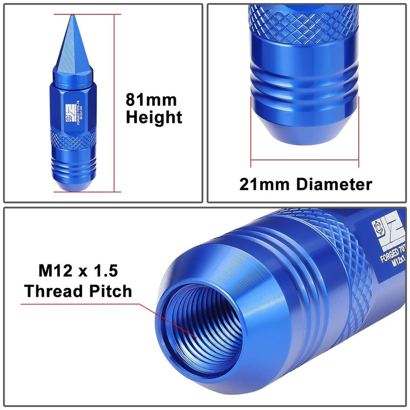 J2 Engineering 20Pcs M12x1.5 T6-7075 Aluminum Removable Spiky Cap Lug Nuts with Deep Drive Extension, Blue - Image 4