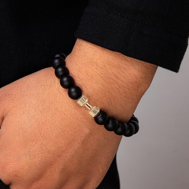 CSIYANJRY99 2Pcs Dumbbell Bracelet for Men Gym Bros Beads Bracelet Black Barbell Bracelet Natural Volcanic Stone Bracelet Set Fitness Jewelry (2Pcs Black) - Image 2