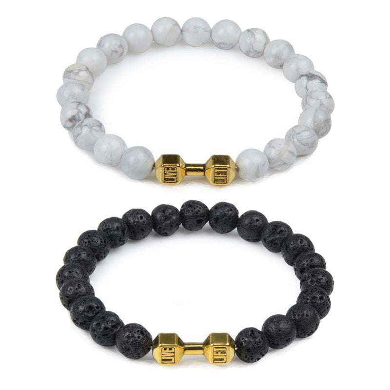 CSIYANJRY99 2Pcs Dumbbell Bracelet for Men Gym Bros Beads Bracelet Black Barbell Bracelet Natural Volcanic Stone Bracelet Set Fitness Jewelry (2Pcs Black) - Image 1