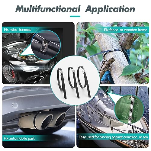 JOUGU Metal Zip Ties Black 100pcs Stainless Steel Epoxy Coated Locking Cable Heavy Duty Exhaust Wrap Multi Purpose Binding for machinery, vehicles, farms, cables, pipes,Fence - Image 3