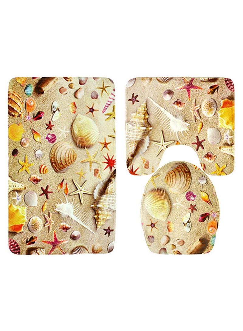 3 Piece Toilet Mats Set Soft Flannel Fabric Beach Starfish Shell Print Non Slip Bathroom Carpet Rug Pedestal Mat Toilet Seat Cover Water Absorbent Washable - Image 1