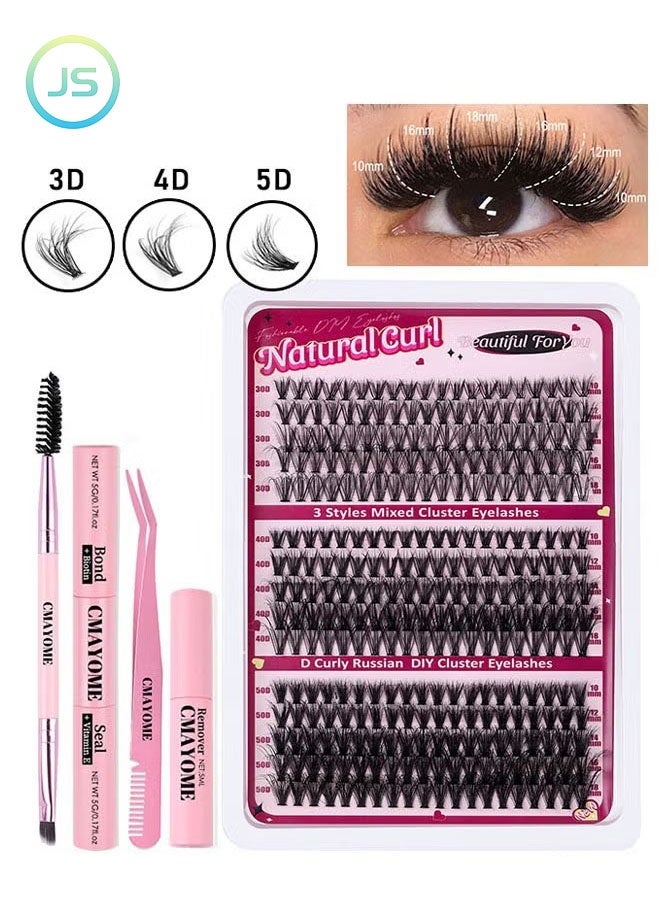 JS Single Cluster False Lashes Set, 3D/4D/5D Multiple Sizes Eyelashes with Eye Black, Mascara Comb, Eyelash Glue and Tweezers, Dense Natural Look Eyelashes, Curl Extension Lashes Eyelashes Set - Image 1