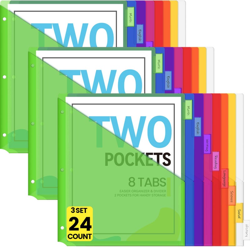 Sooez 24 Count Dividers with Pockets, 8 Tabs Binder Dividers for 3 Ring Binders, Binder Dividers with tabs, Binder Divider with Pockets for US Letter Size, Insertable Big Tabs, Multicolor, Set of 3 - Image 1