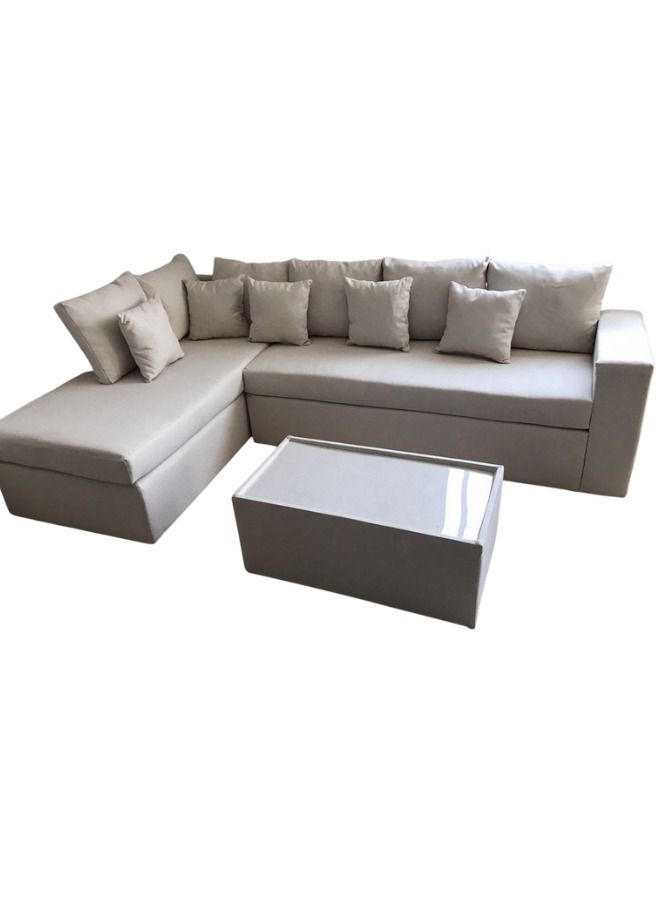 Maharat Al Bahar L Shape-Cerbo Diwan Velvet Sofa Set With Cushion And Table 5 Seater Beige 260x80x80  - Image 1