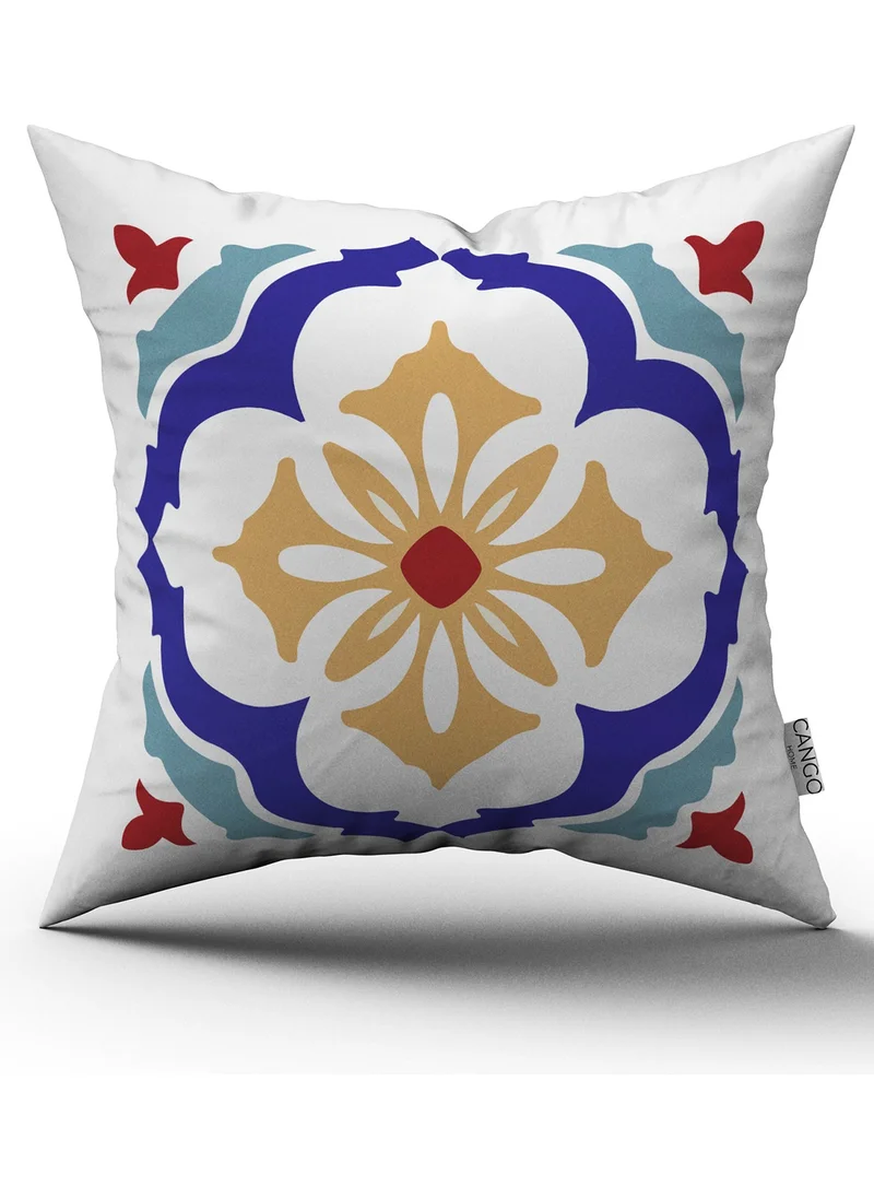 Cango Home White Blue Modern Ethnic Tile Patterned Digital Printed Throw Pillow Cover