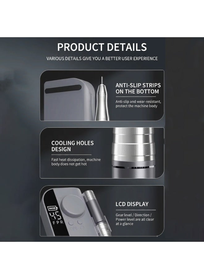 Portable Electric Nail Drill Machine HX-102, Rechargeable Cordless Nail Polisher with LCD Display, 45000RPM Adjustable Speed Manicure Pedicure Tool with Drill Bits for Acrylic Gel Nails - Image 3