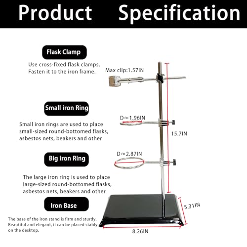 Suprwin Laboratory Stand Support, Chemistry Test Tube Holder,Lab Table Clamp Stand W/ Burette Clamp And Flask Ring Clamps (16IN) - Image 2