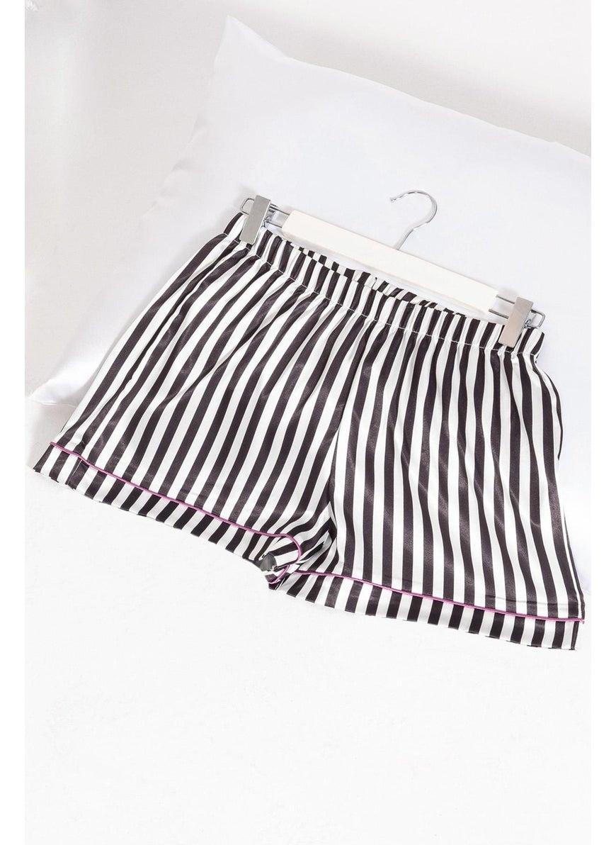 For You Moda 5-Piece Black and White Striped Satin Pajama Shorts Set  - Image 3