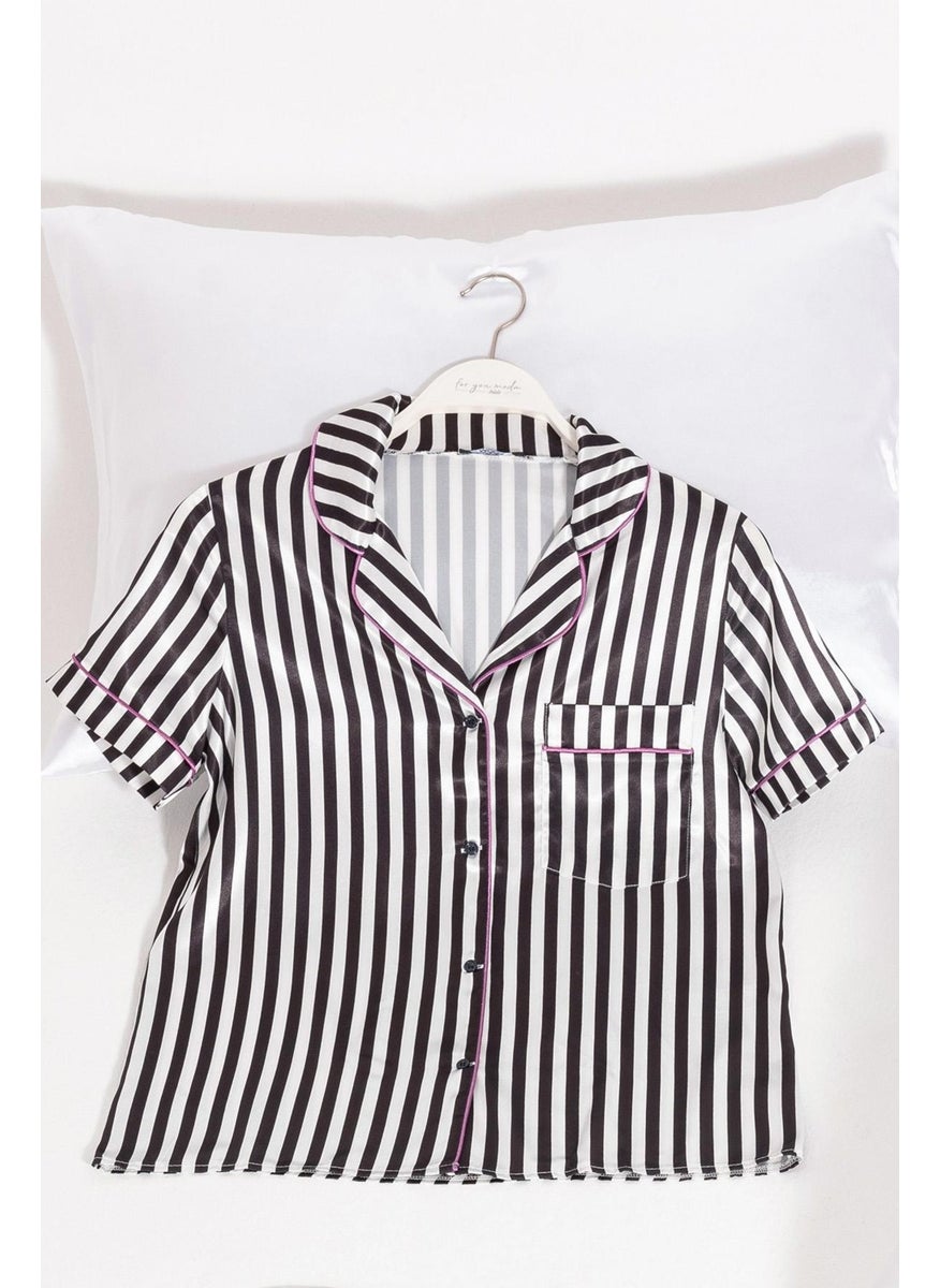 For You Moda 5-Piece Black and White Striped Satin Pajama Shorts Set  - Image 2