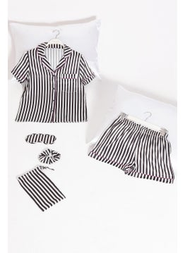 For You Moda 5-Piece Black and White Striped Satin Pajama Shorts Set  - Image 1
