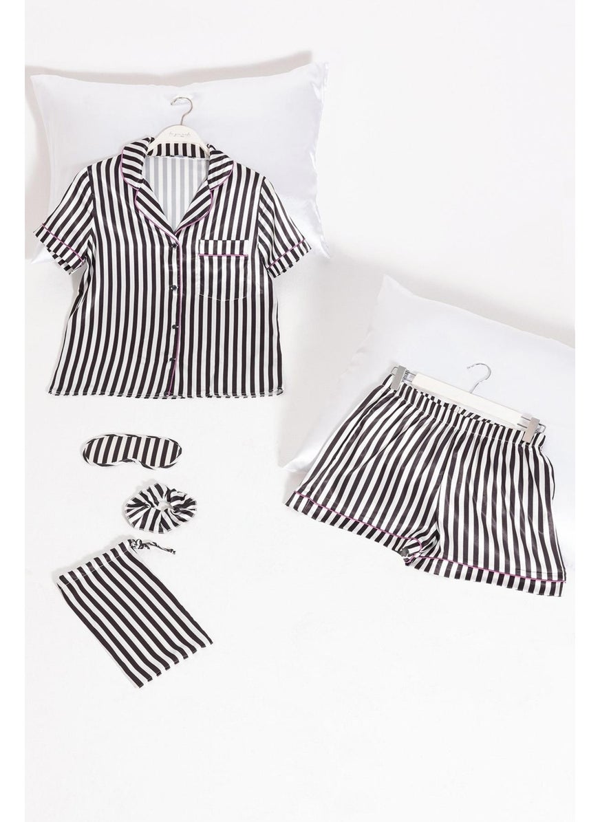 For You Moda 5-Piece Black and White Striped Satin Pajama Shorts Set  - Image 1