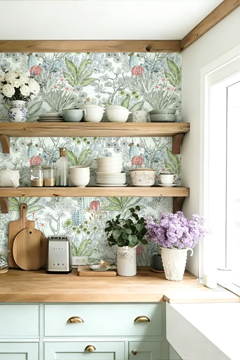 Wudnaye Boho Peel and Stick Wallpaper Catus Wallpaper 17.7" x 118.1"Vintage Floral Wallpapers Peel and Stick Botanical Removable Wall Paper Boho Self Adhesive Contact Paper for Bathroom Cabinets - Image 2