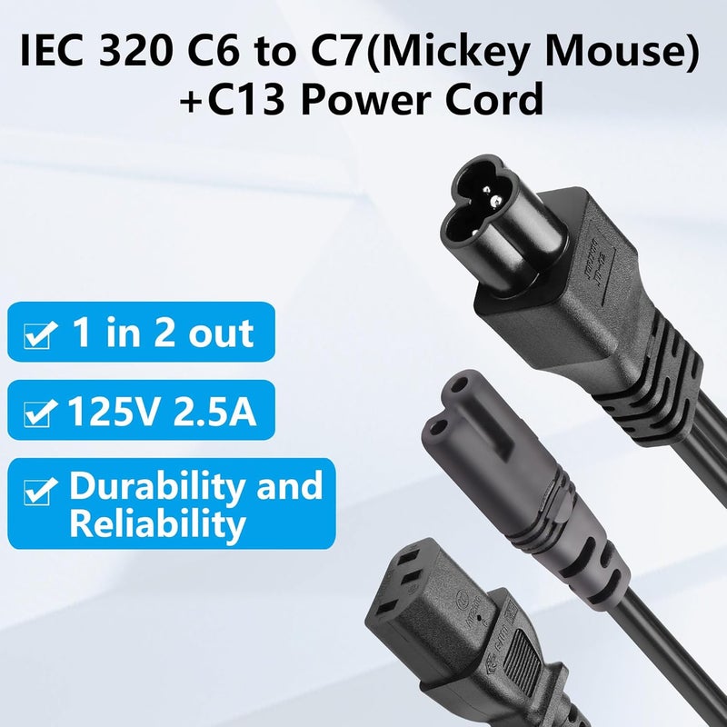 CERRXIAN C6 to C7C13 Y Splitter Power Plug Cord IEC 320 C6 Male to C7C13 Female Splitter Adapter AC Power Supply Cord 25A125V 1FT03M - Image 5