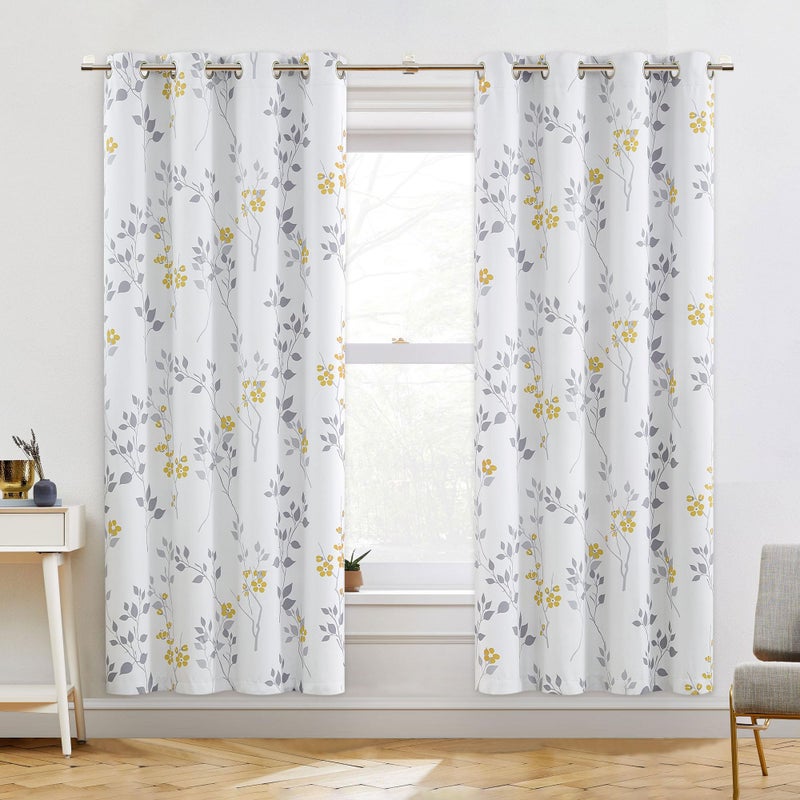 Beauoop Floral 100% Blackout Curtains 72 Inches Long 2 Panels for Bedroom Living Room Yellow Grey and White Flower Patterned Room Darkening Thermal Soundproof Grommet Window Treatments Drapes, 52X72 - Image 1