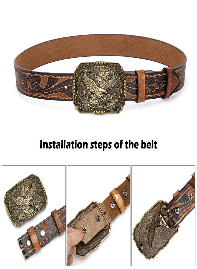 BISON DENIM Men's Western cowboy belt Classic Double embossed leather belts with Printed Engraved Buckle - Image 4