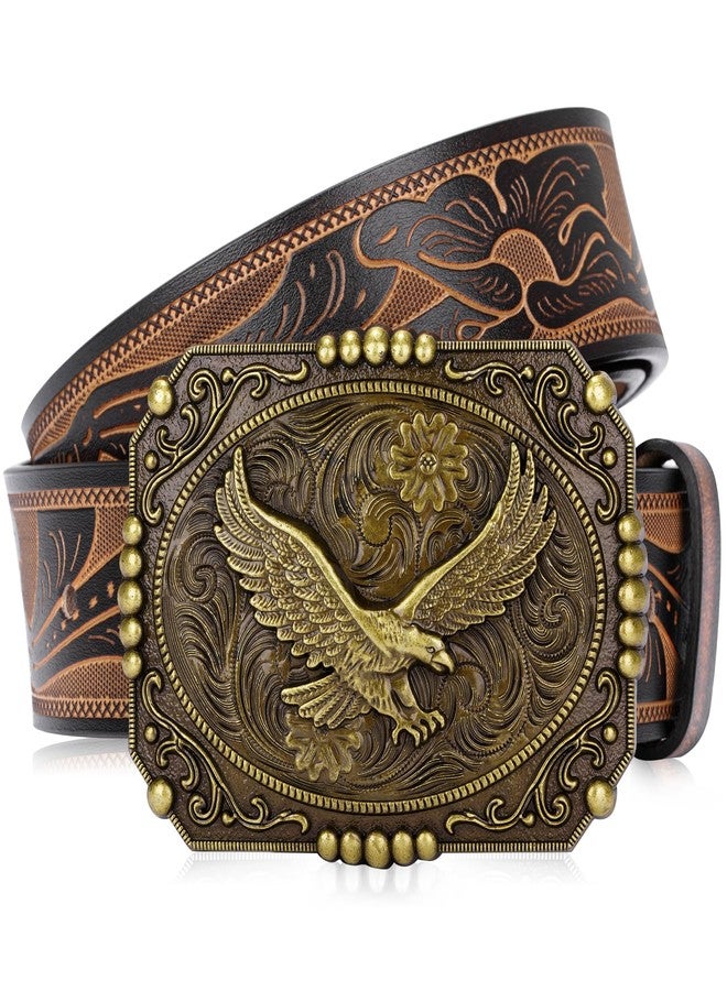BISON DENIM Men's Western cowboy belt Classic Double embossed leather belts with Printed Engraved Buckle - Image 1